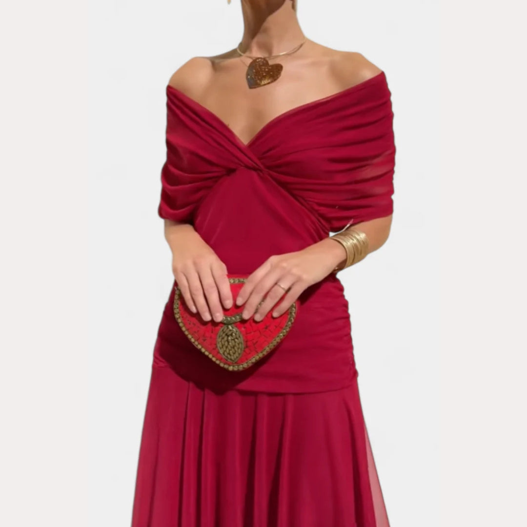 Women's Elegant Off-Shoulder Evening Dress with Draped Fit and Flowing Skirt