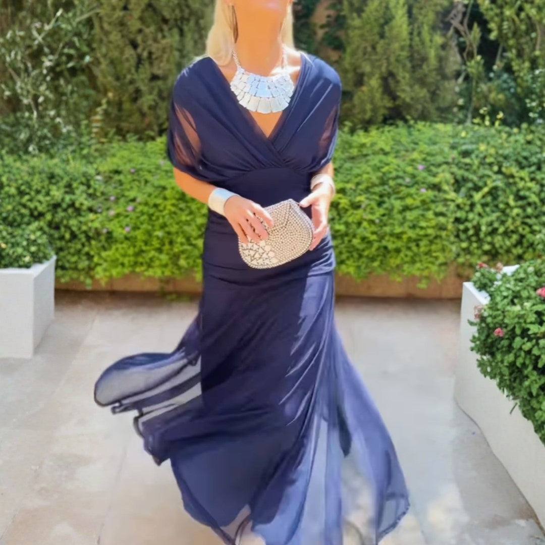 Women's Elegant Off-Shoulder Evening Dress with Draped Fit and Flowing Skirt