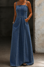 Vestido largo vaquero de mujer con escote cuadrado