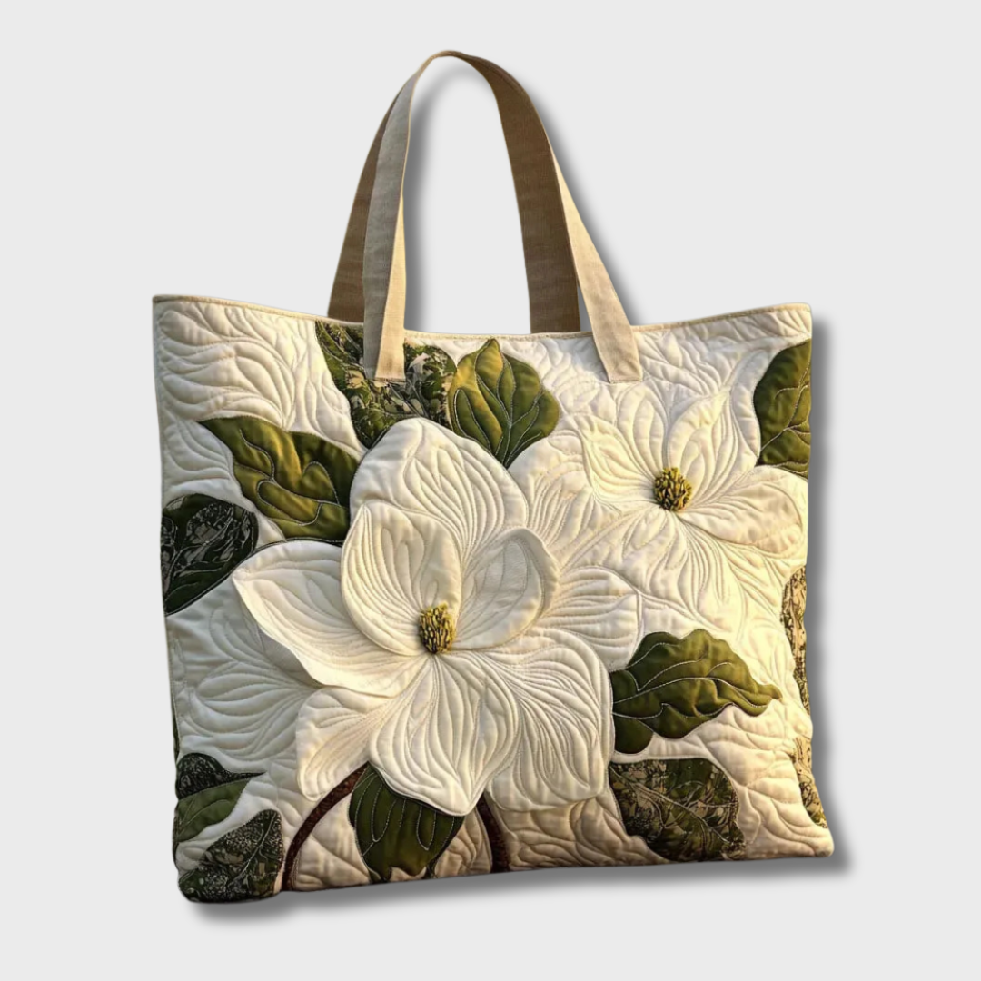 Bolso tote acolchado para mujer con diseño de jardín de magnolias