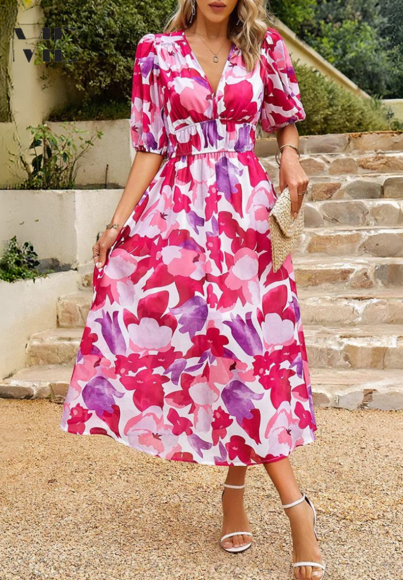 Women's Floral Puff Sleeve Midi Dress for Elegant Summer Occasions