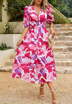 Women's Floral Puff Sleeve Midi Dress for Elegant Summer Occasions