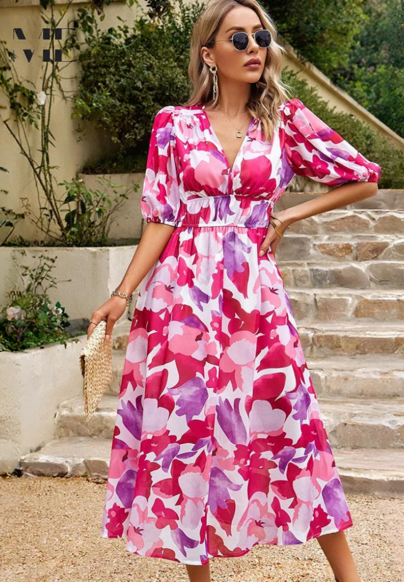 Women's Floral Puff Sleeve Midi Dress for Elegant Summer Occasions
