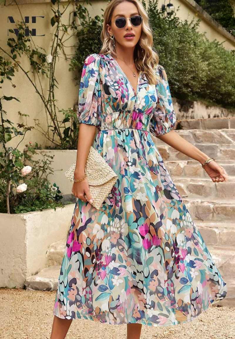 Women's Floral Puff Sleeve Midi Dress for Elegant Summer Occasions