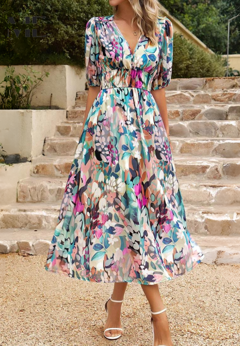 Women's Floral Puff Sleeve Midi Dress for Elegant Summer Occasions