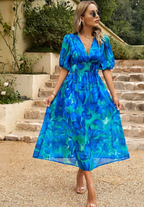Women's Floral Puff Sleeve Midi Dress for Elegant Summer Occasions