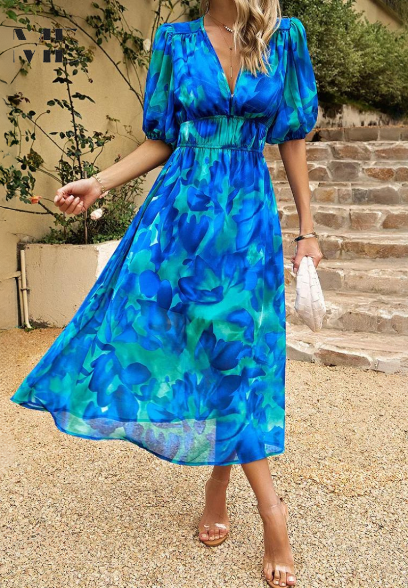 Women's Floral Puff Sleeve Midi Dress for Elegant Summer Occasions