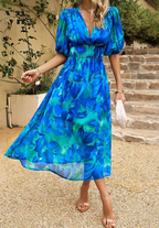 Women's Floral Puff Sleeve Midi Dress for Elegant Summer Occasions