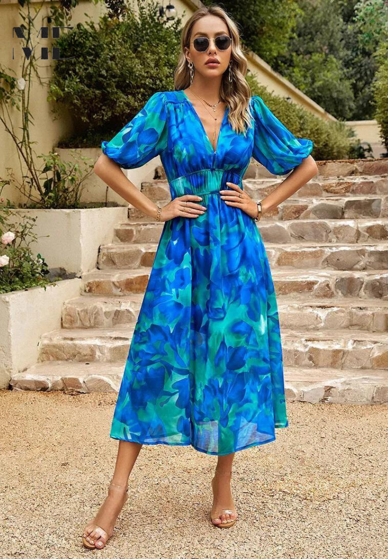 Women's Floral Puff Sleeve Midi Dress for Elegant Summer Occasions
