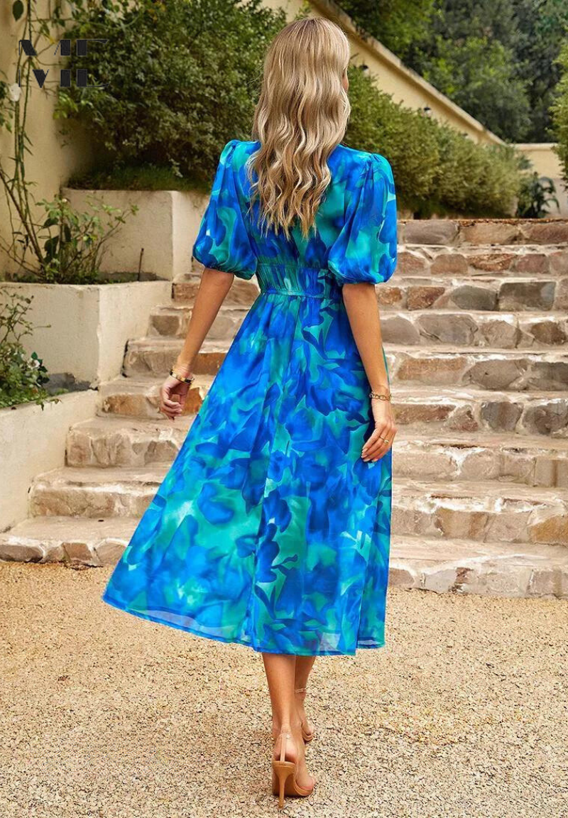 Women's Floral Puff Sleeve Midi Dress for Elegant Summer Occasions