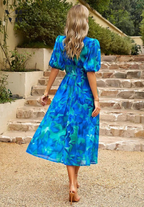 Women's Floral Puff Sleeve Midi Dress for Elegant Summer Occasions