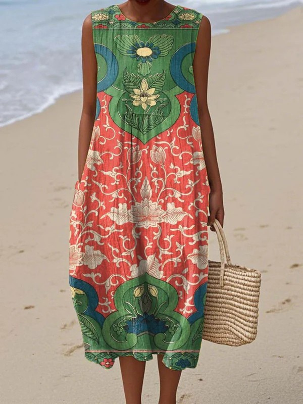 Women's Printed Sleeveless Midi Dress