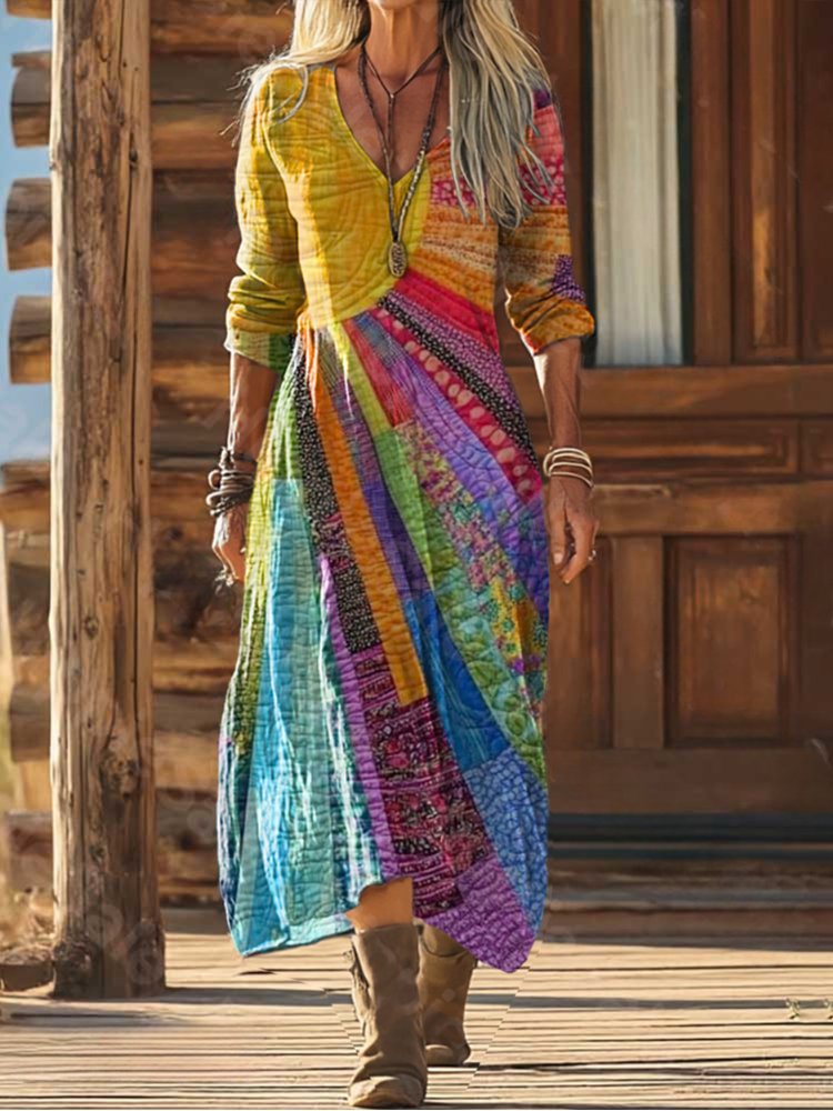 Women's Bohemian Patchwork Print V-Neck Long Sleeve Midi Dress