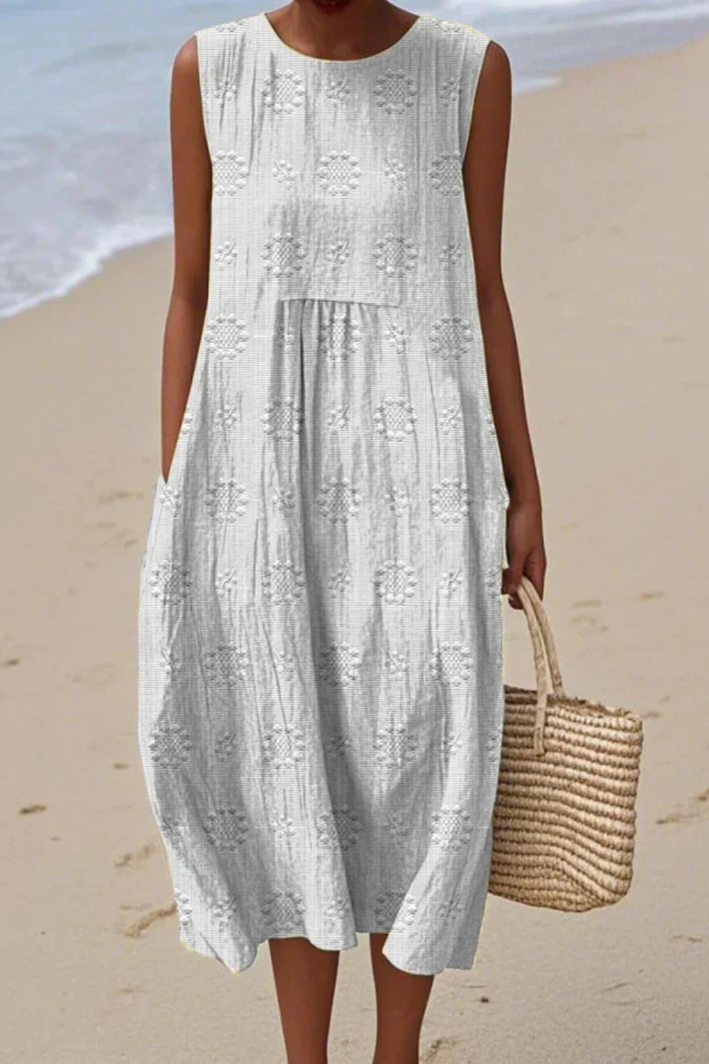 Women's Textured Sleeveless Midi Dress with Embroidered Dot Pattern