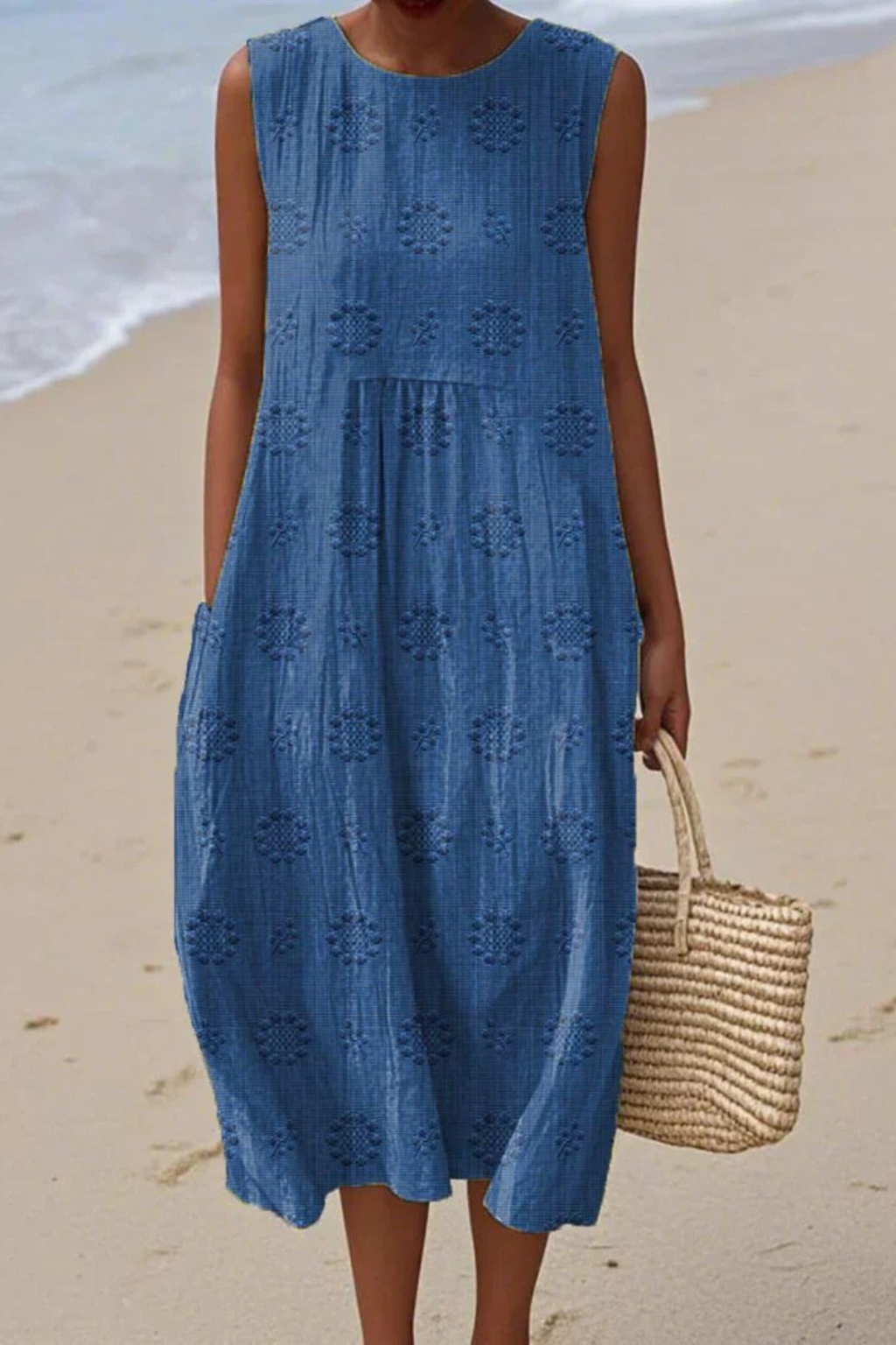 Women's Textured Sleeveless Midi Dress with Embroidered Dot Pattern