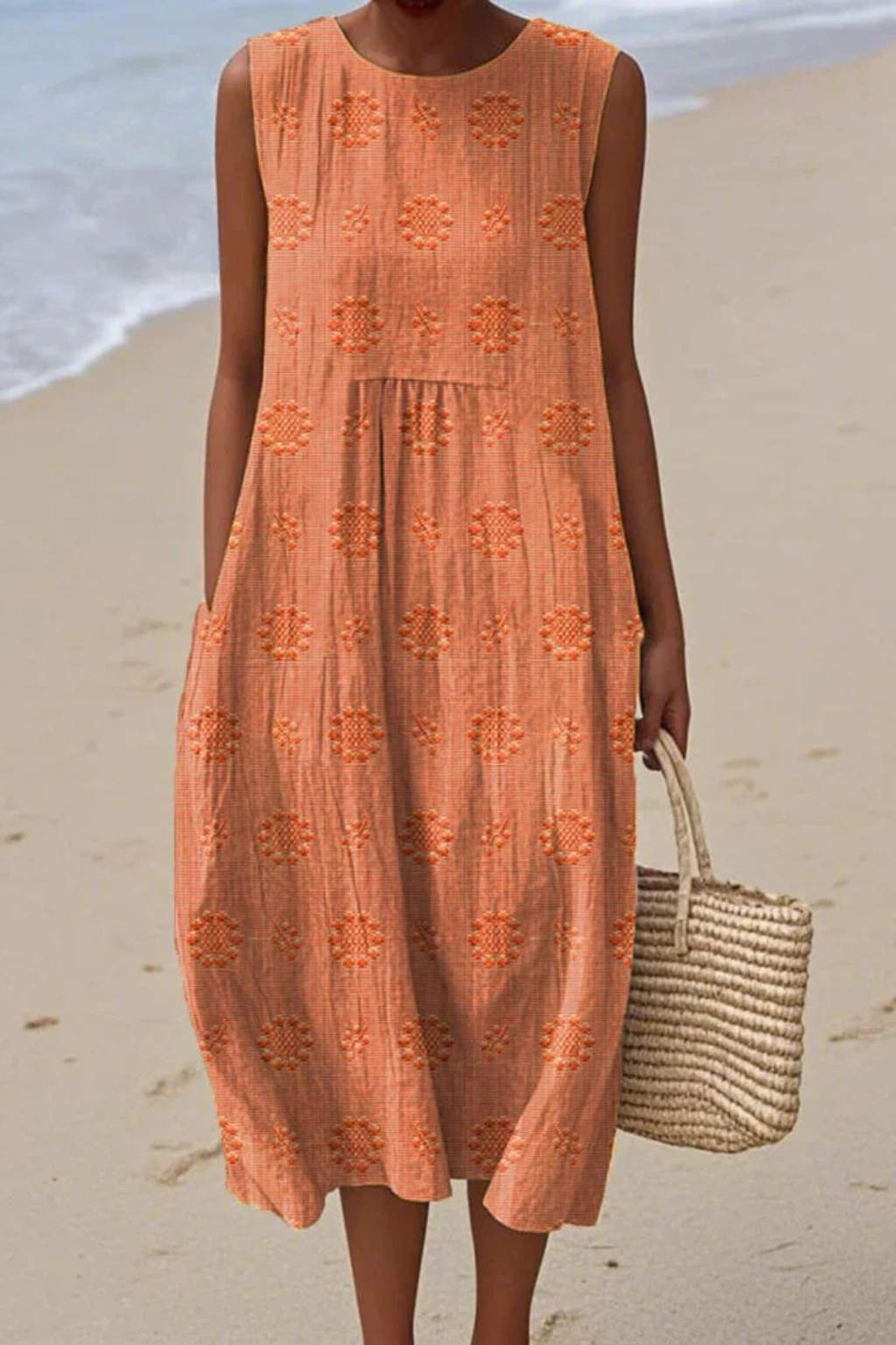 Women's Textured Sleeveless Midi Dress with Embroidered Dot Pattern