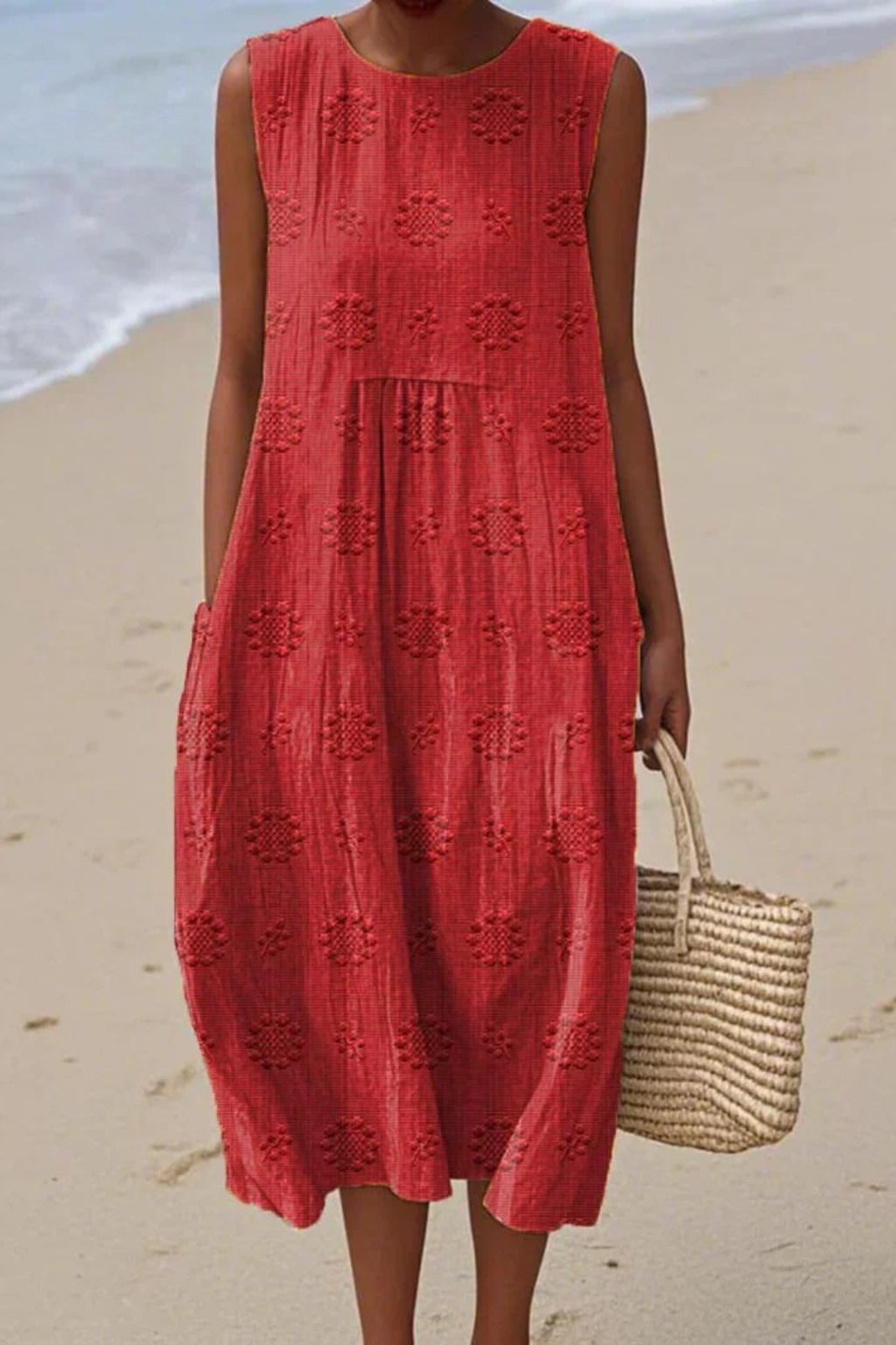 Women's Textured Sleeveless Midi Dress with Embroidered Dot Pattern