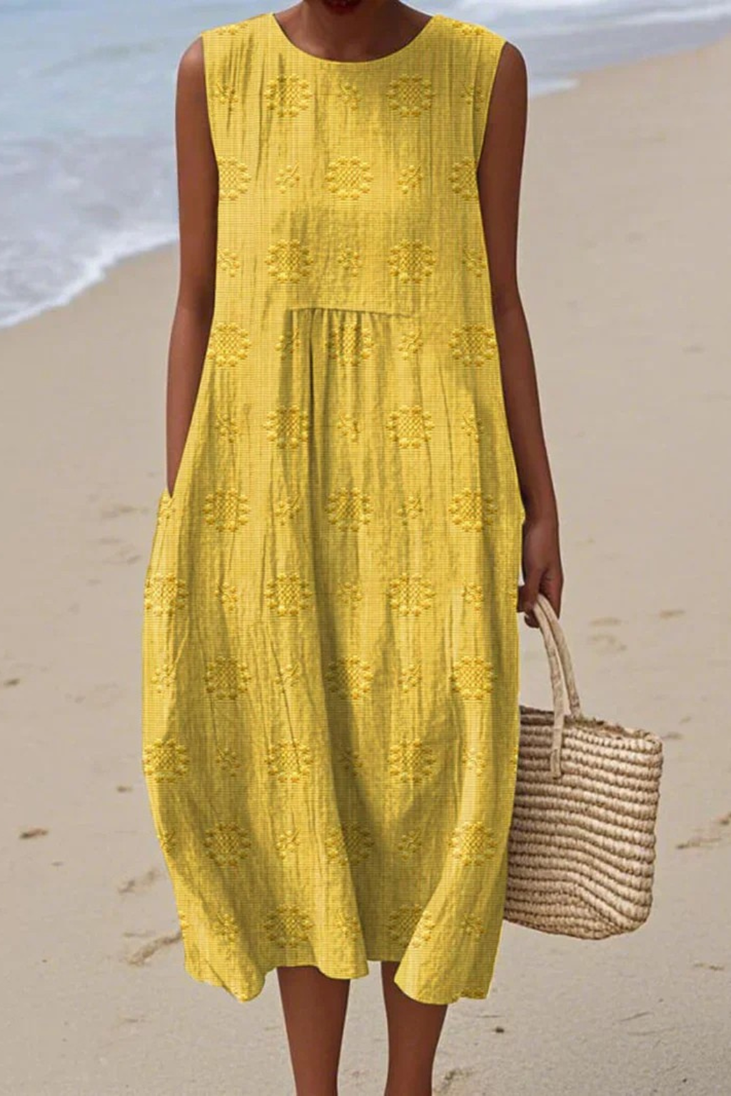 Women's Textured Sleeveless Midi Dress with Embroidered Dot Pattern