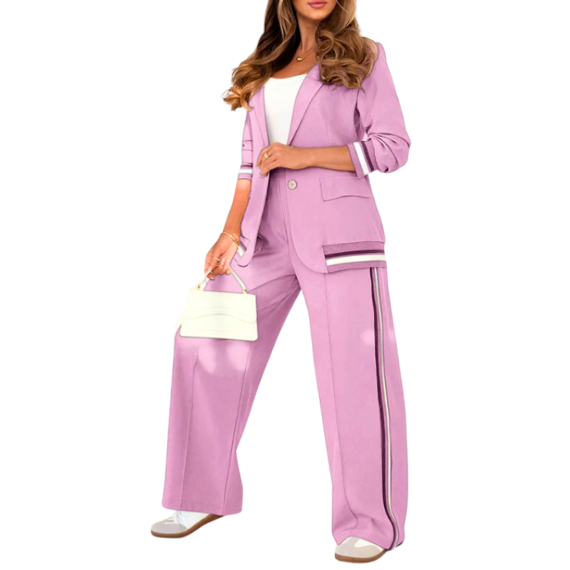 Women’s Striped Trim Blazer and Wide Leg Pants Set