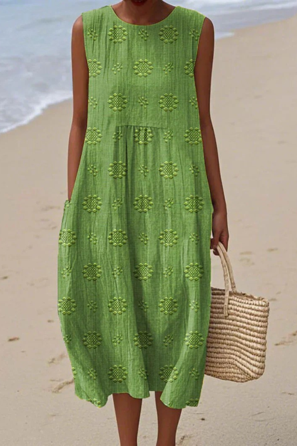 Women's Textured Sleeveless Midi Dress with Embroidered Dot Pattern