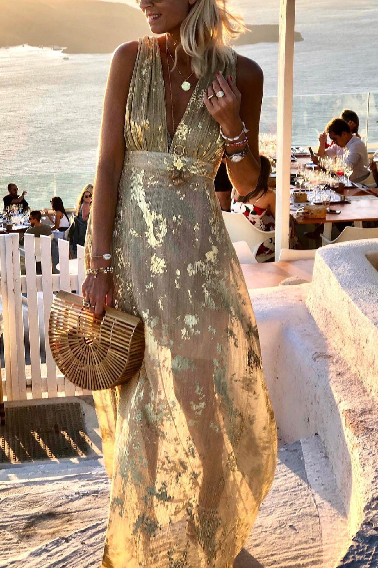 Women's Sleeveless Maxi Dress with Deep V-Neck and Metallic Print