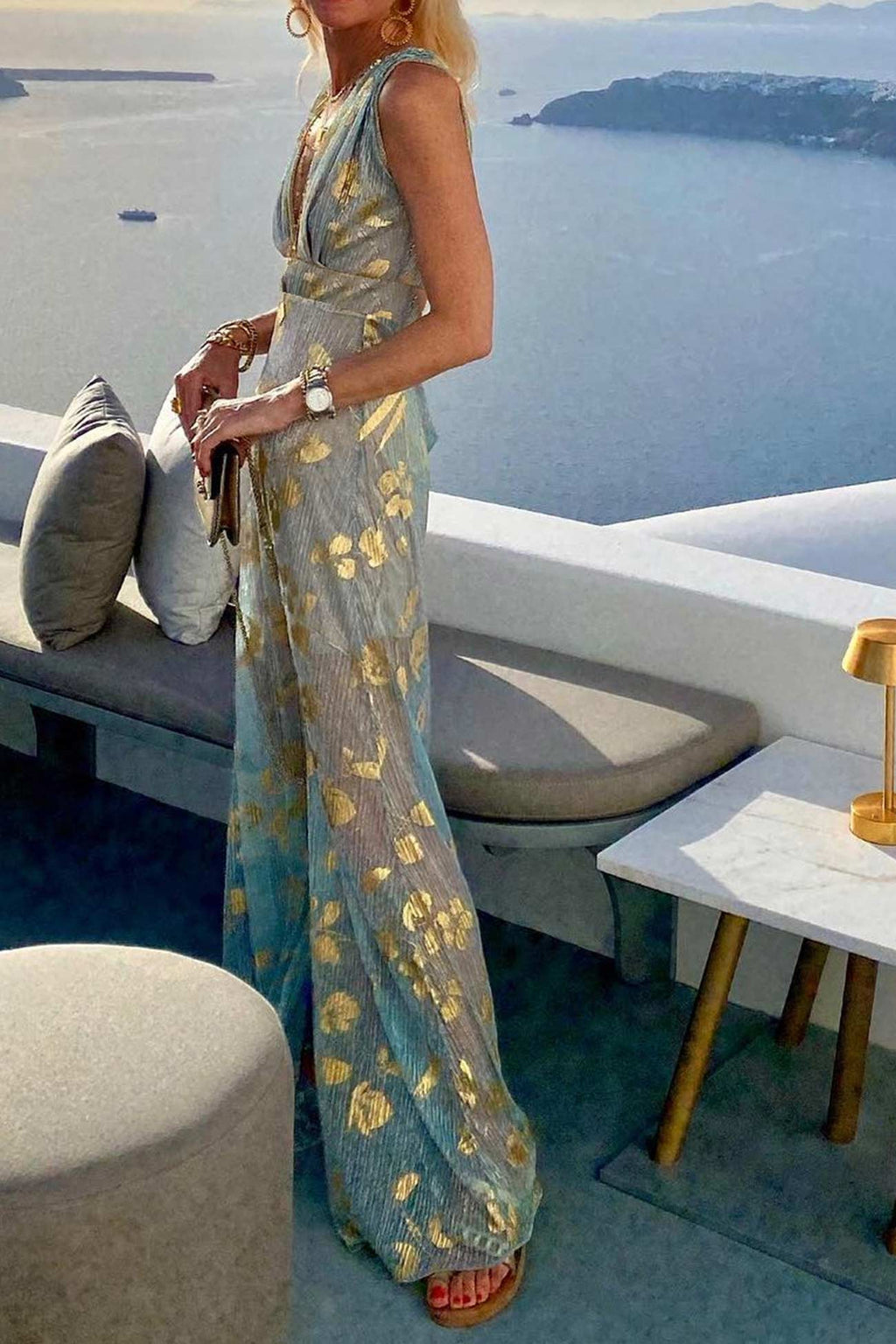 Women's Sleeveless Maxi Dress with Deep V-Neck and Metallic Print