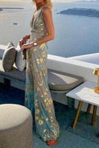 Women's Sleeveless Maxi Dress with Deep V-Neck and Metallic Print