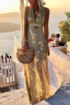 Women's Sleeveless Maxi Dress with Deep V-Neck and Metallic Print