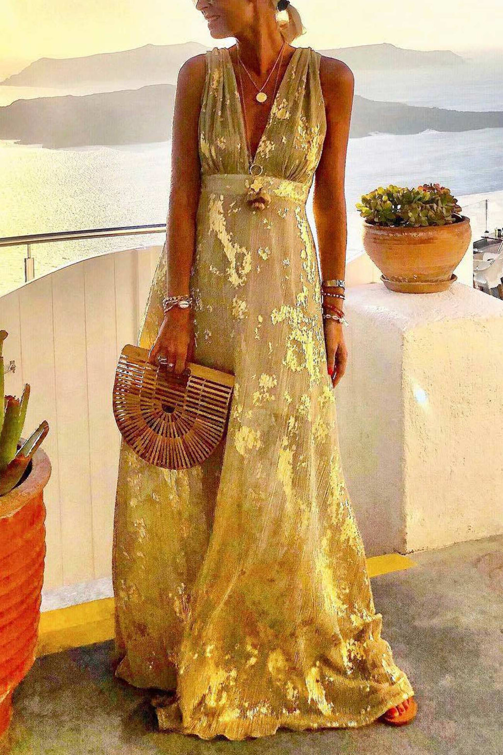Women's Sleeveless Maxi Dress with Deep V-Neck and Metallic Print