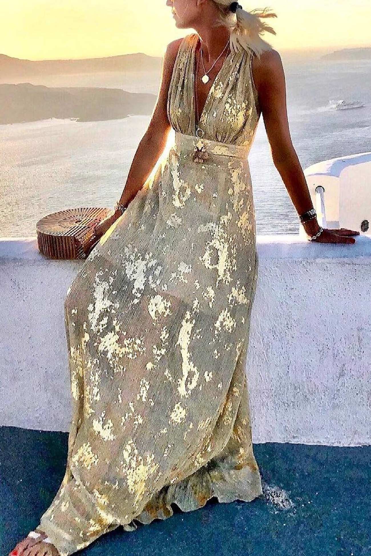 Women's Sleeveless Maxi Dress with Deep V-Neck and Metallic Print