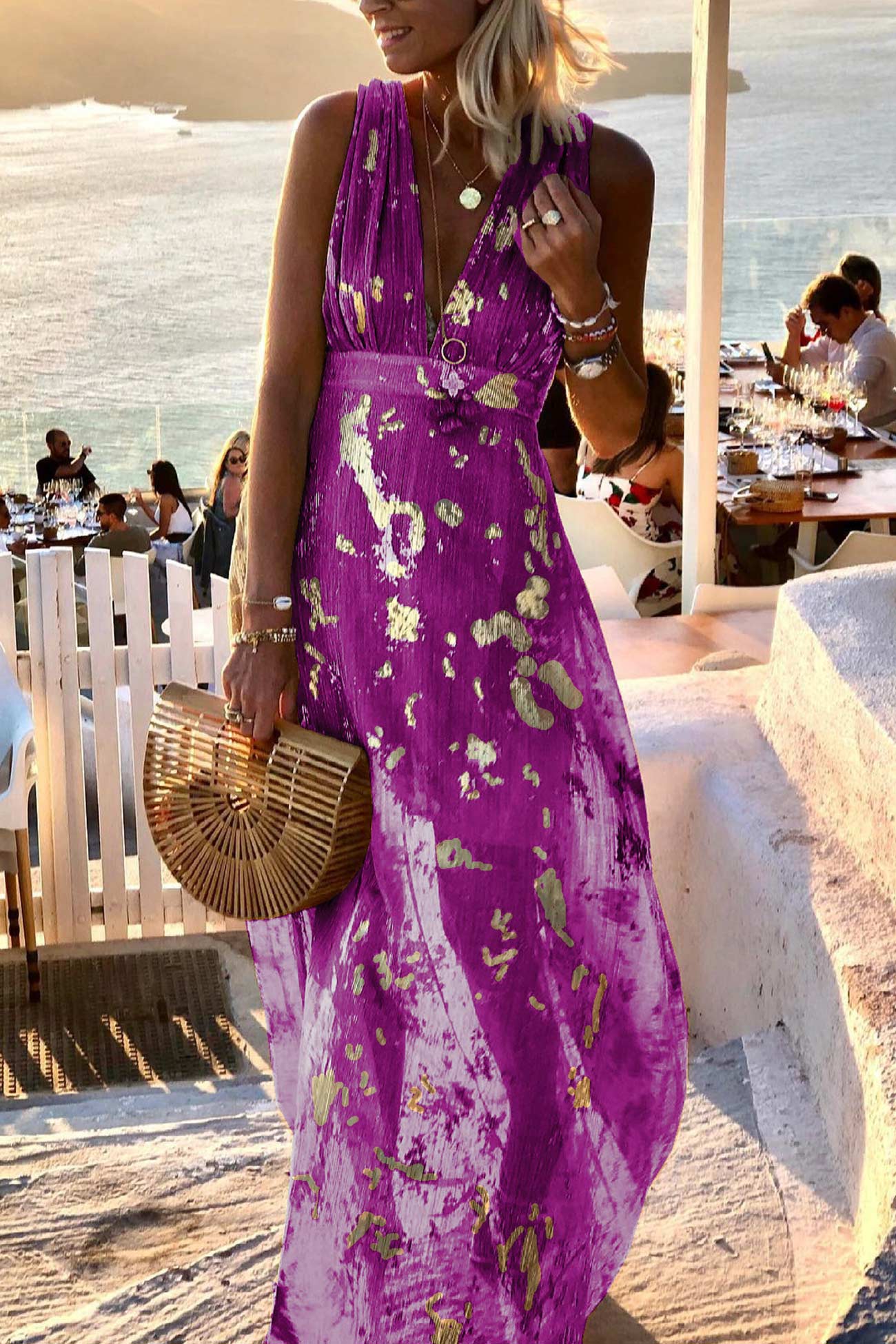 Women's Sleeveless Maxi Dress with Deep V-Neck and Metallic Print