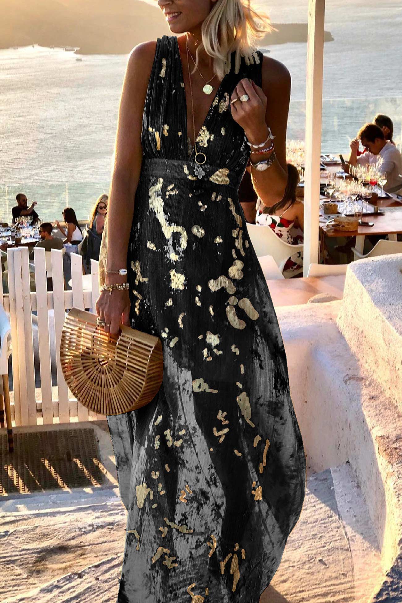 Women's Sleeveless Maxi Dress with Deep V-Neck and Metallic Print