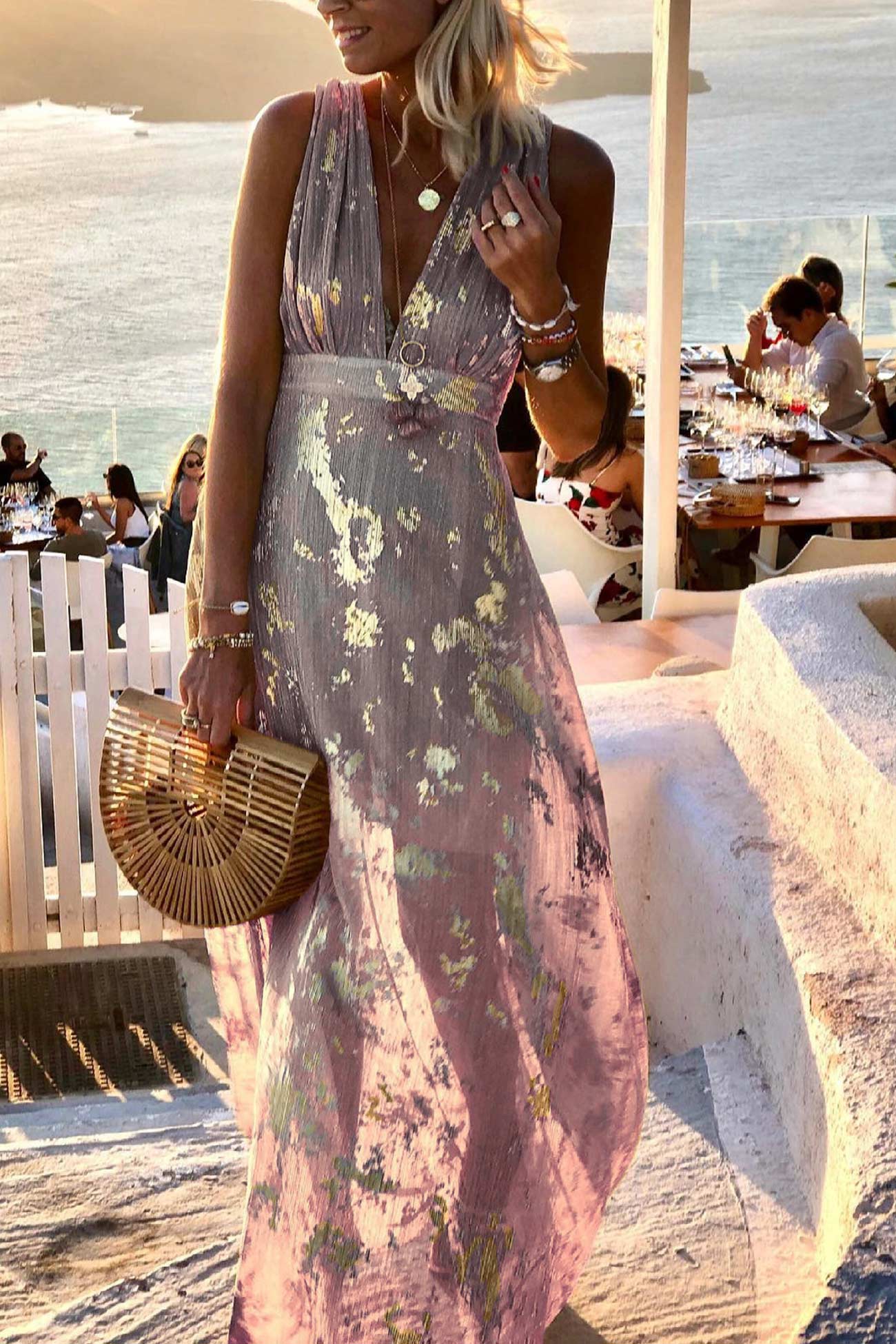 Women's Sleeveless Maxi Dress with Deep V-Neck and Metallic Print