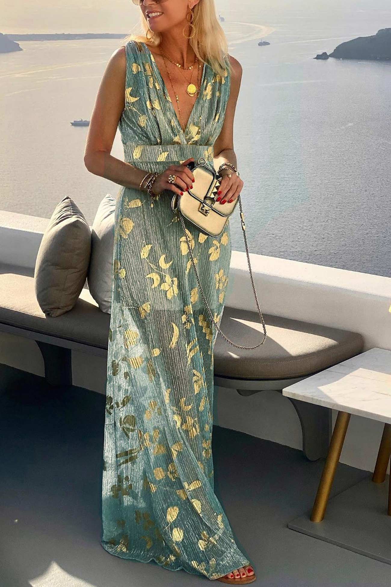 Women's Sleeveless Maxi Dress with Deep V-Neck and Metallic Print