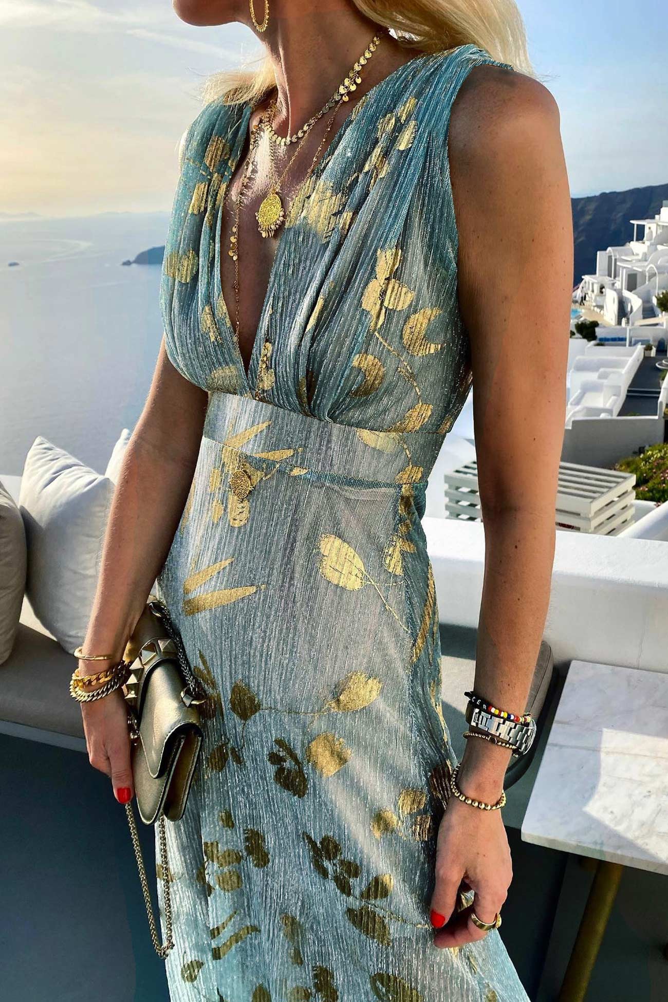 Women's Sleeveless Maxi Dress with Deep V-Neck and Metallic Print