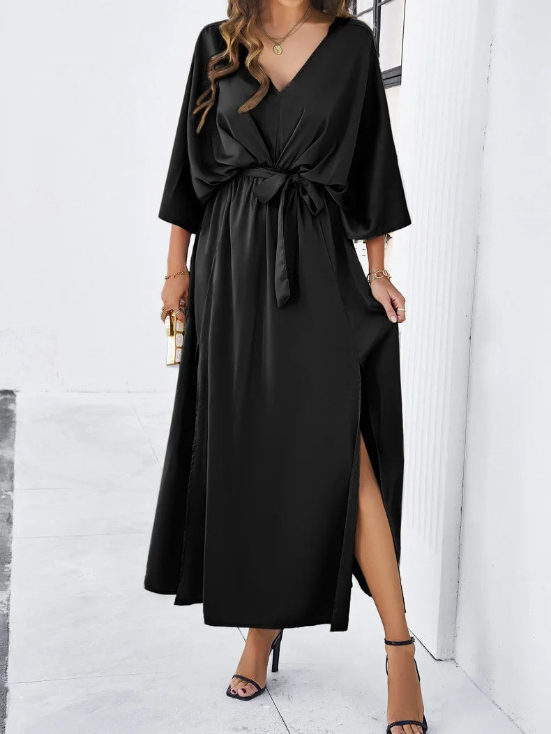 Maxikleid für Damen mit V-Ausschnitt, Taillengürtel und Seitenschlitz