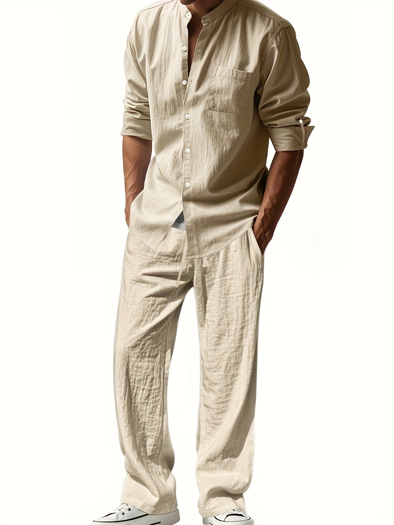 Men's Linen Two-Piece Set with Band Collar Shirt for Summer Comfort