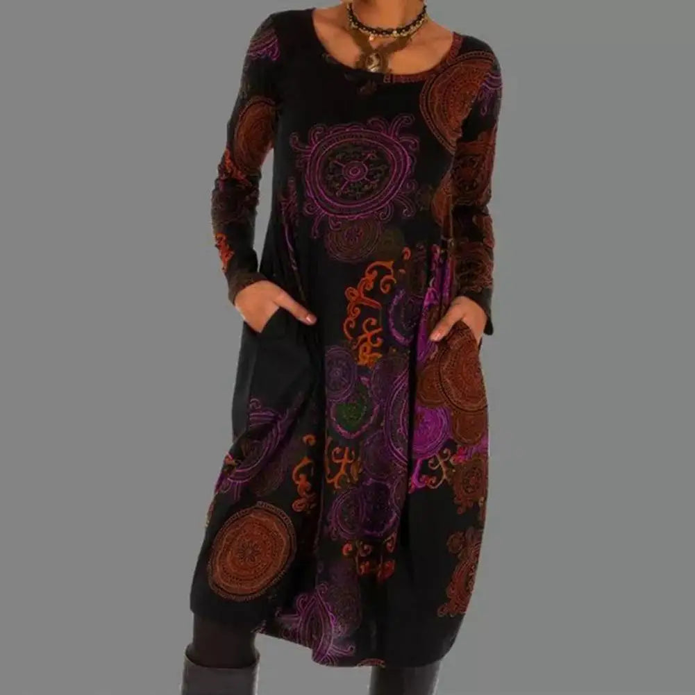 Women's Bohemian Midi Dress with Mandala Print and Long Sleeves for Elegant Style
