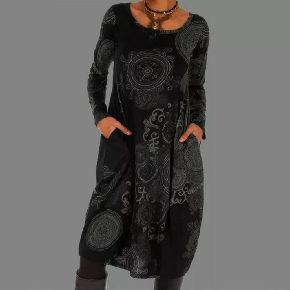 Women's Bohemian Midi Dress with Mandala Print and Long Sleeves for Elegant Style