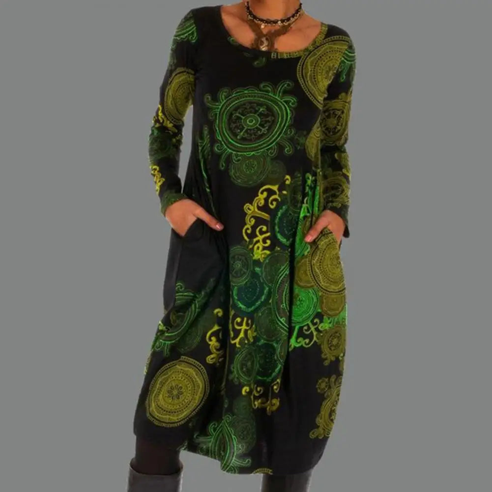 Women's Bohemian Midi Dress with Mandala Print and Long Sleeves for Elegant Style