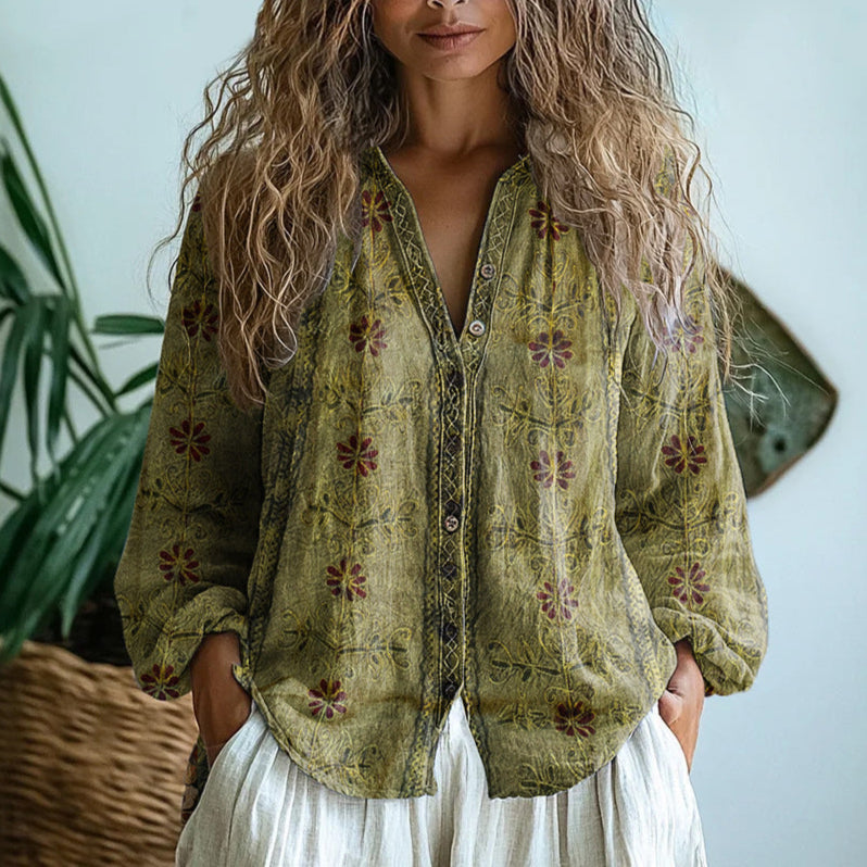 Women's Botanical Print Blouse with Decorative Contrast Trim