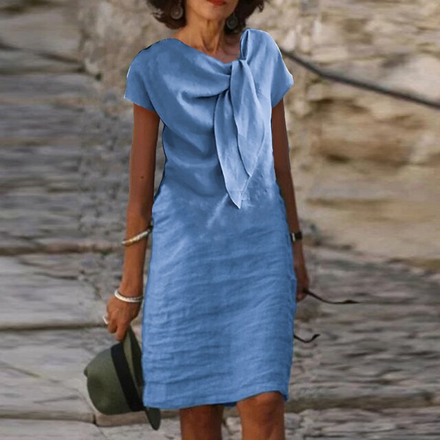 Elegant Draped Linen Look Dress with Soft Texture and Relaxed Fit