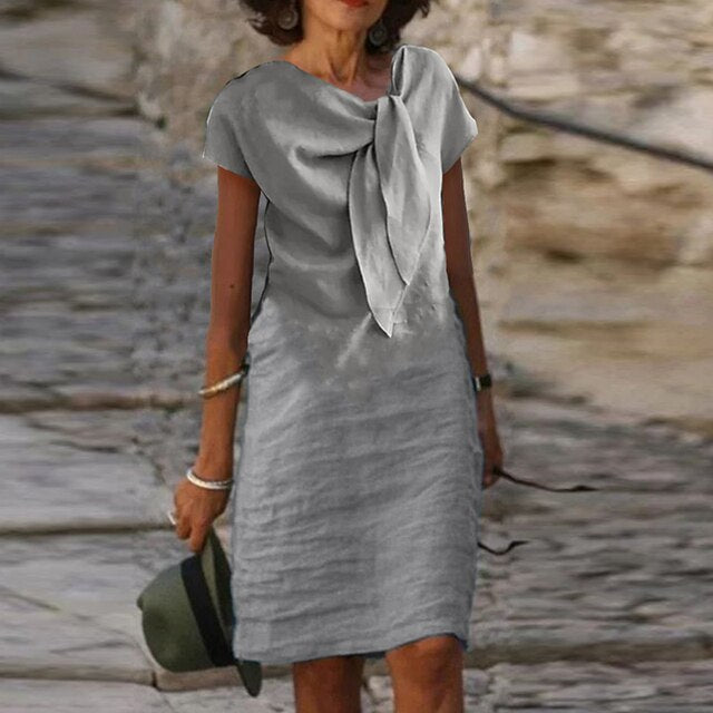 Elegant Draped Linen Look Dress with Soft Texture and Relaxed Fit