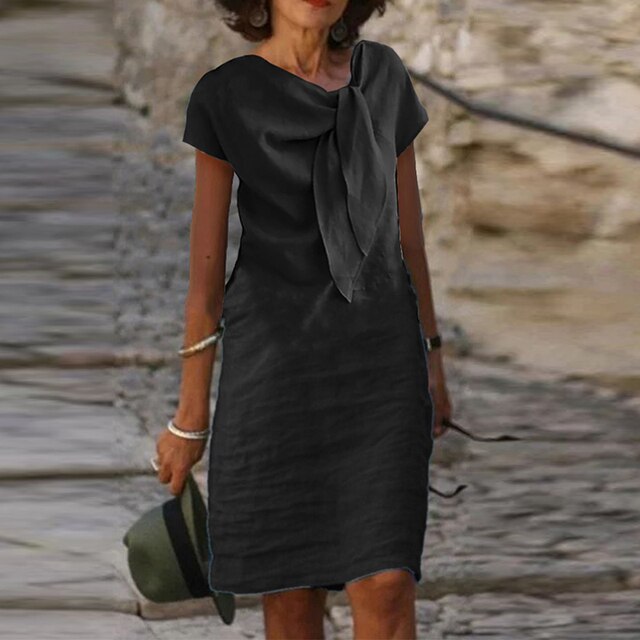 Elegant Draped Linen Look Dress with Soft Texture and Relaxed Fit