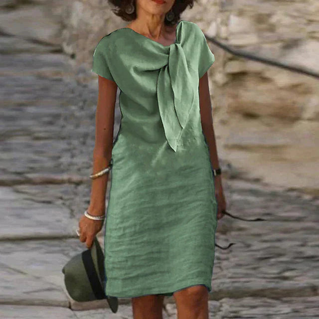 Elegant Draped Linen Look Dress with Soft Texture and Relaxed Fit