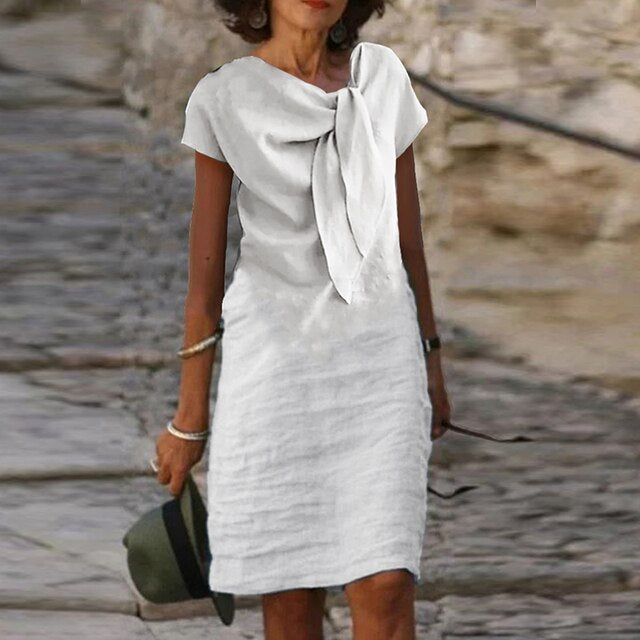 Elegant Draped Linen Look Dress with Soft Texture and Relaxed Fit