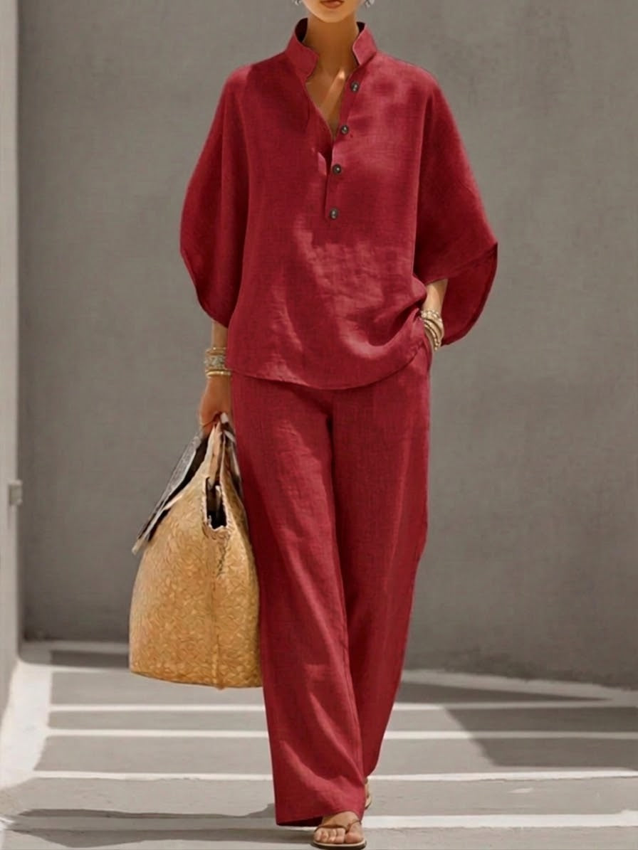 Women’s Linen Two-Piece Set with Batwing Sleeves and Wide-Leg Trousers