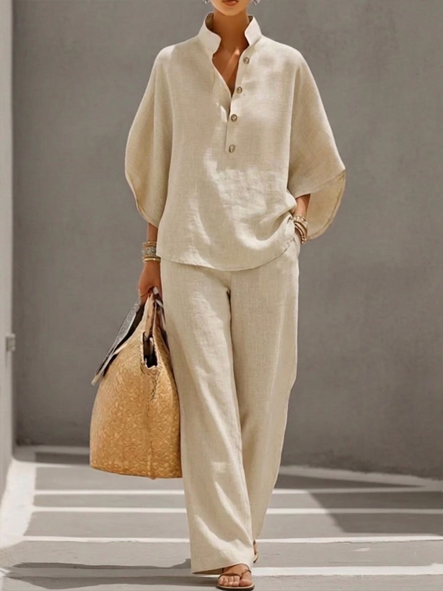 Women’s Linen Two-Piece Set with Batwing Sleeves and Wide-Leg Trousers