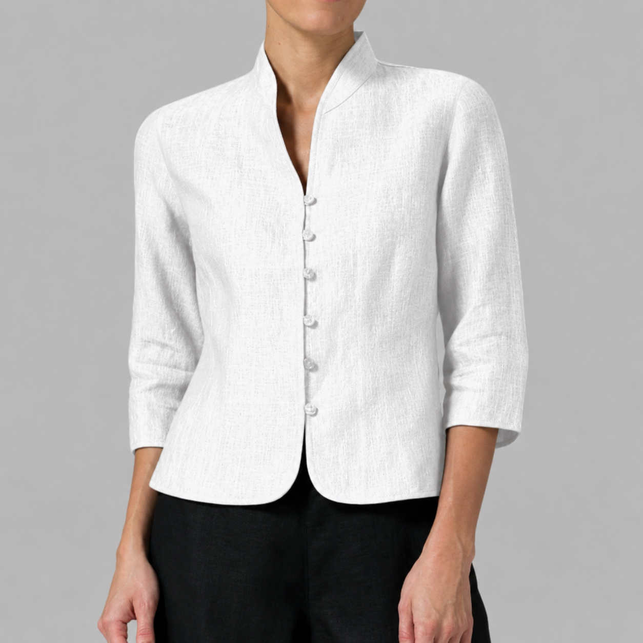 Blazer à col mandarin, fermeture boutonnée et manches trois-quarts pour femme