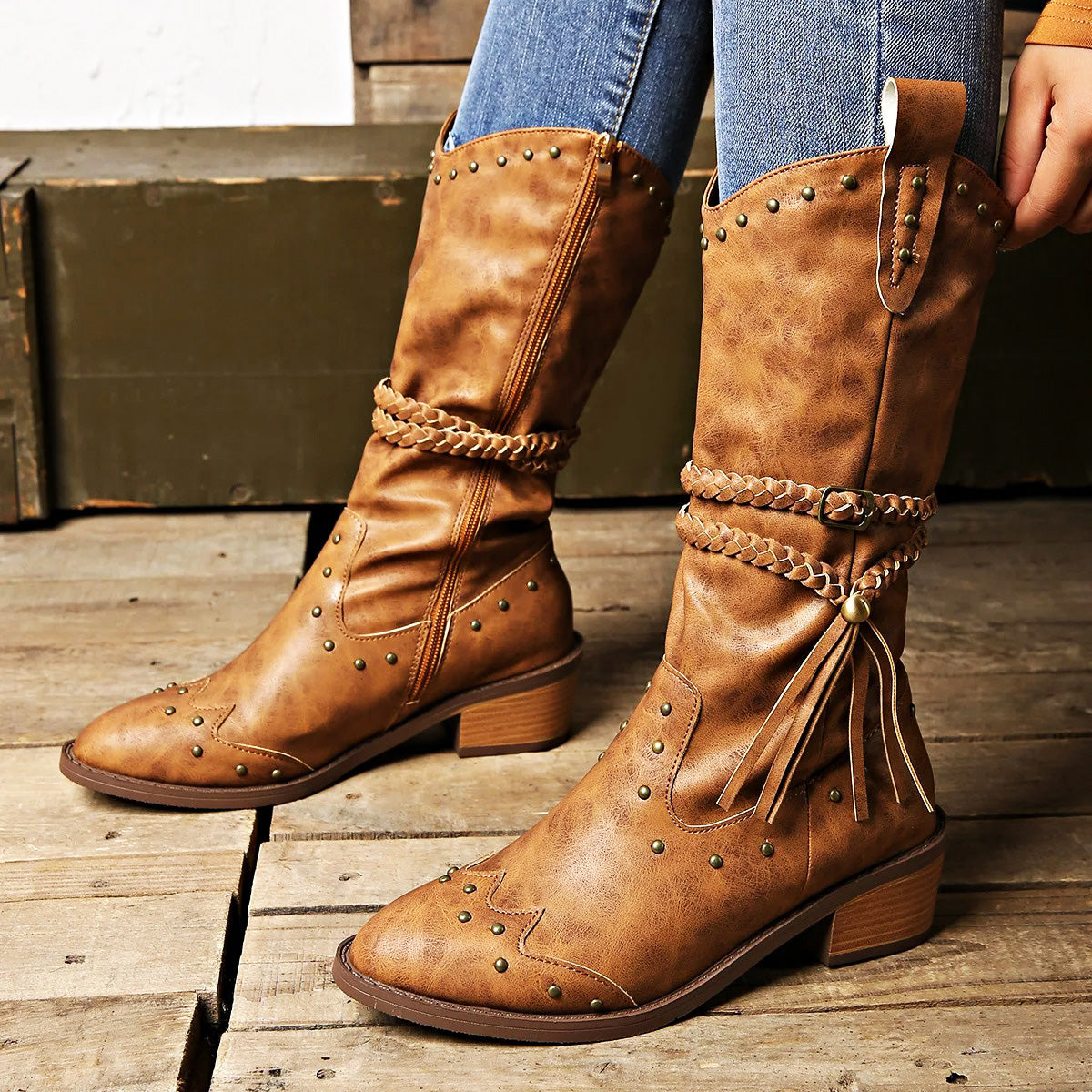 Women's Studded Mid-Calf Western Boots